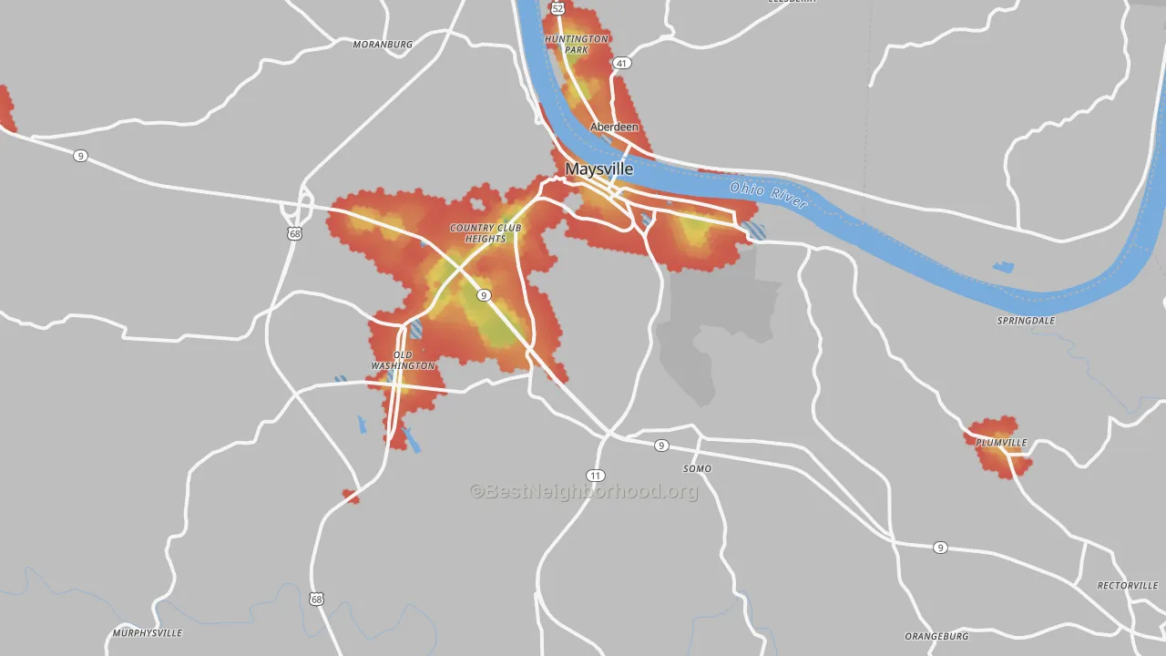Walk Grade map of 41056, KY, walkable areas in green and car-dependent areas in red