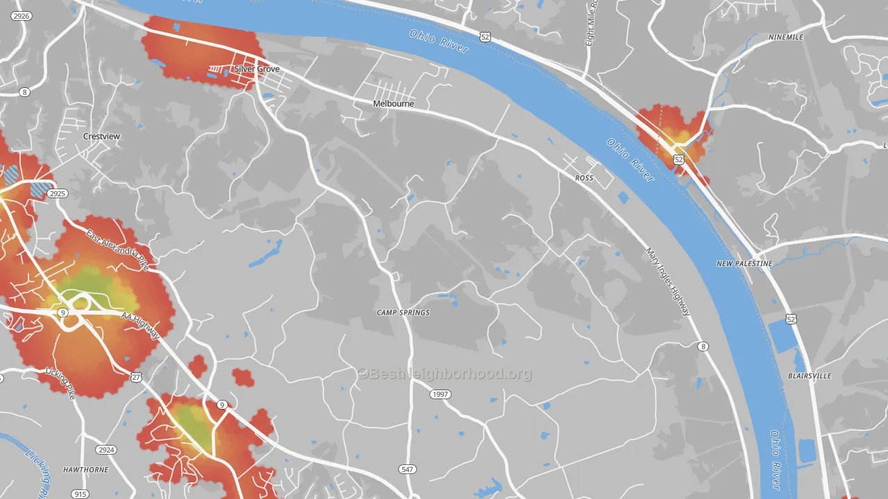 Walk Grade map of 41059, KY, walkable areas in green and car-dependent areas in red