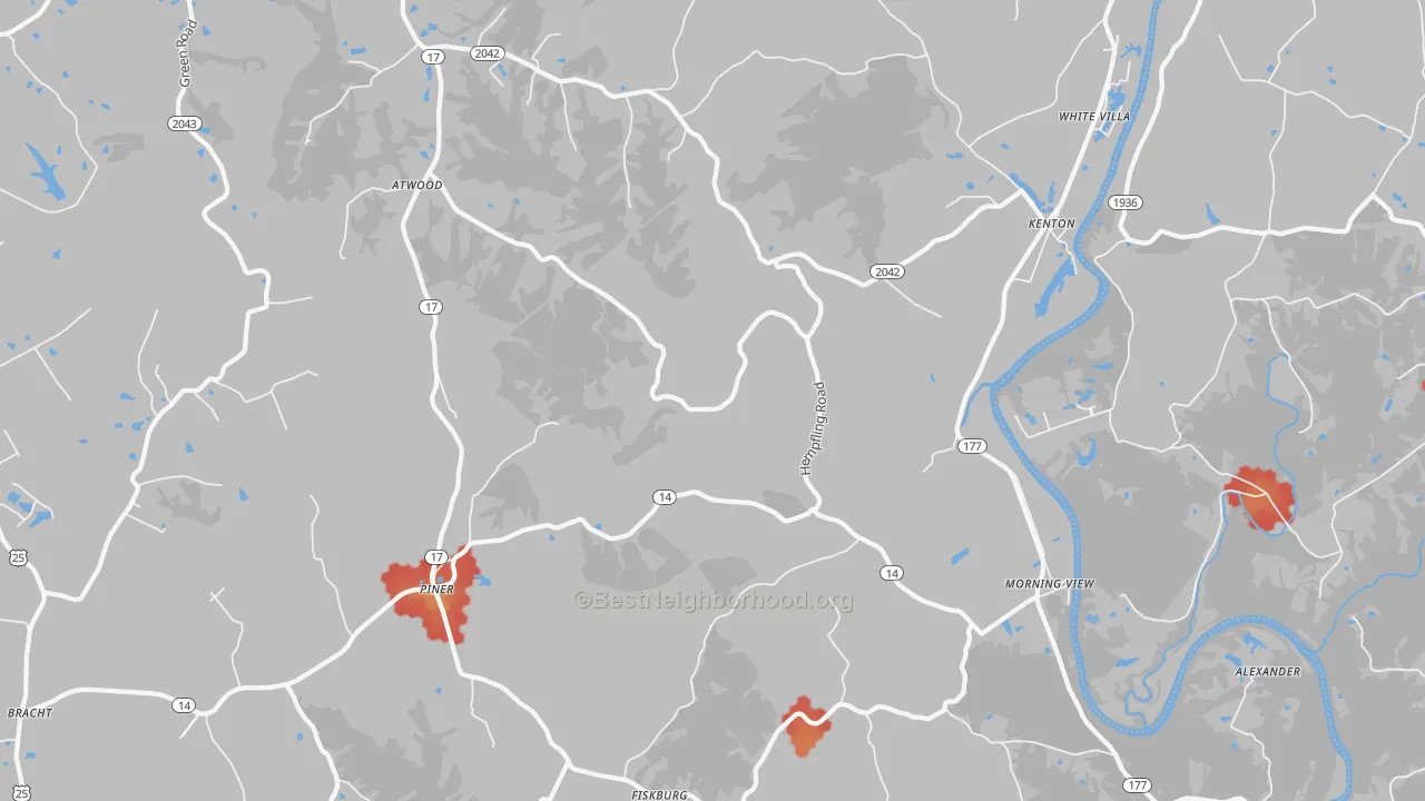 Walk Grade map of 41063, KY, walkable areas in green and car-dependent areas in red
