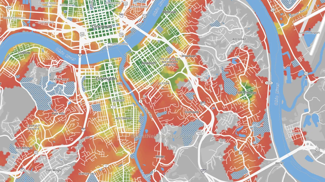 Walk Grade map of 41071, KY, walkable areas in green and car-dependent areas in red