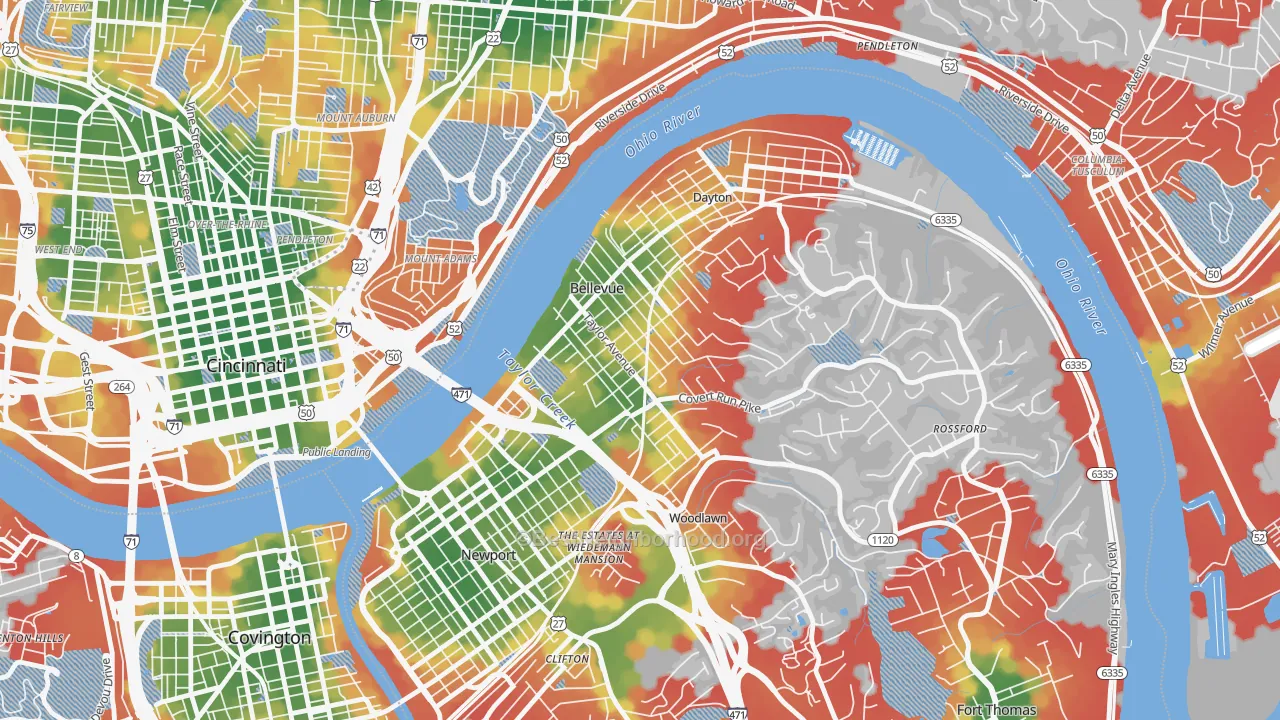 Walk Grade map of 41073, KY, walkable areas in green and car-dependent areas in red