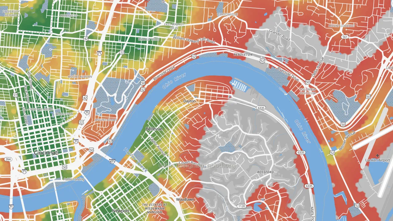 Walk Grade map of 41074, KY, walkable areas in green and car-dependent areas in red
