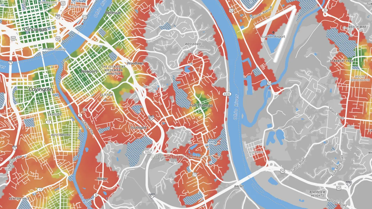 Walk Grade map of 41075, KY, walkable areas in green and car-dependent areas in red