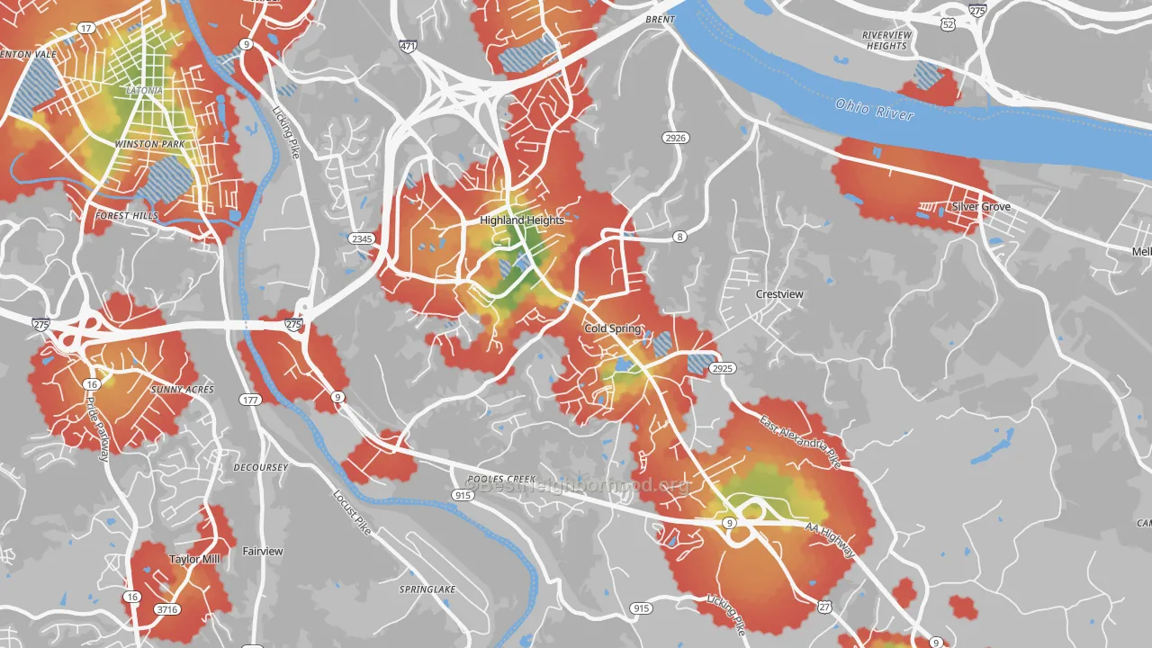 Walk Grade map of 41076, KY, walkable areas in green and car-dependent areas in red