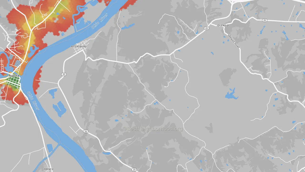 Walk Grade map of 41080, KY, walkable areas in green and car-dependent areas in red
