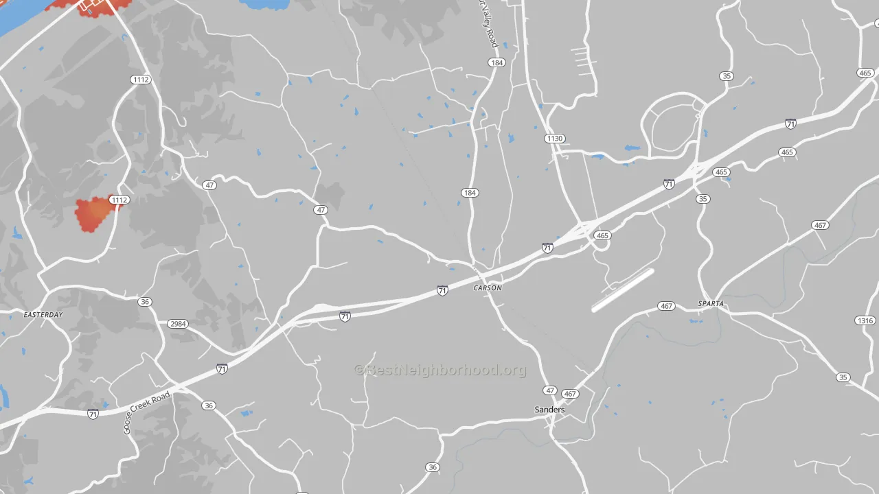 Walk Grade map of 41083, KY, walkable areas in green and car-dependent areas in red