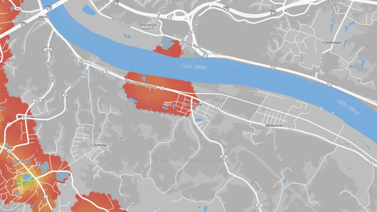 Walk Grade map of 41085, KY, walkable areas in green and car-dependent areas in red