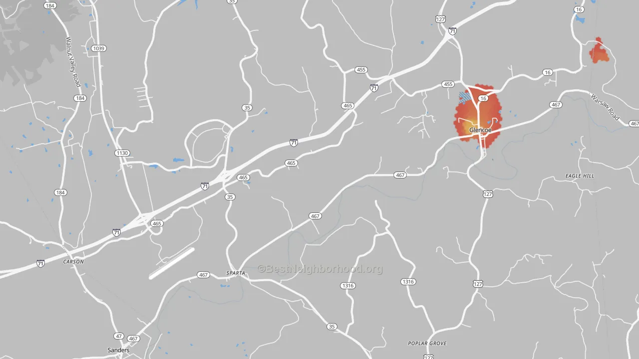 Walk Grade map of 41086, KY, walkable areas in green and car-dependent areas in red