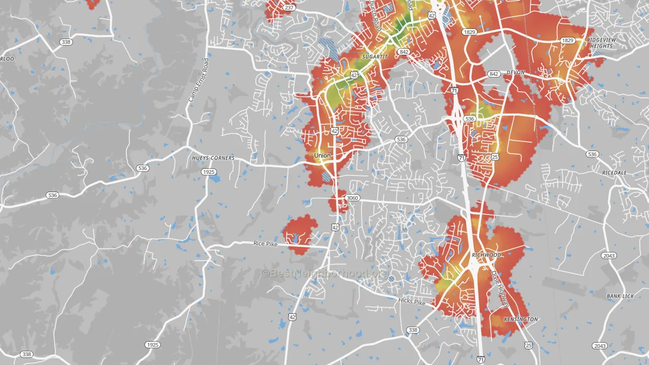 Walk Grade map of 41091, KY, walkable areas in green and car-dependent areas in red