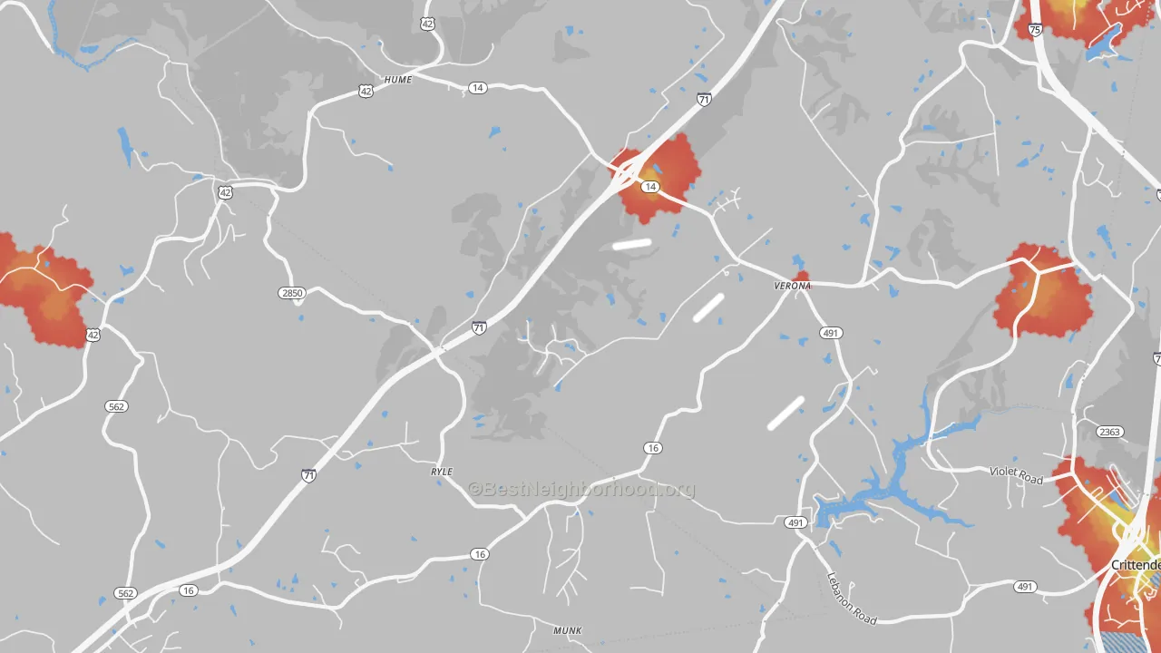 Walk Grade map of 41092, KY, walkable areas in green and car-dependent areas in red