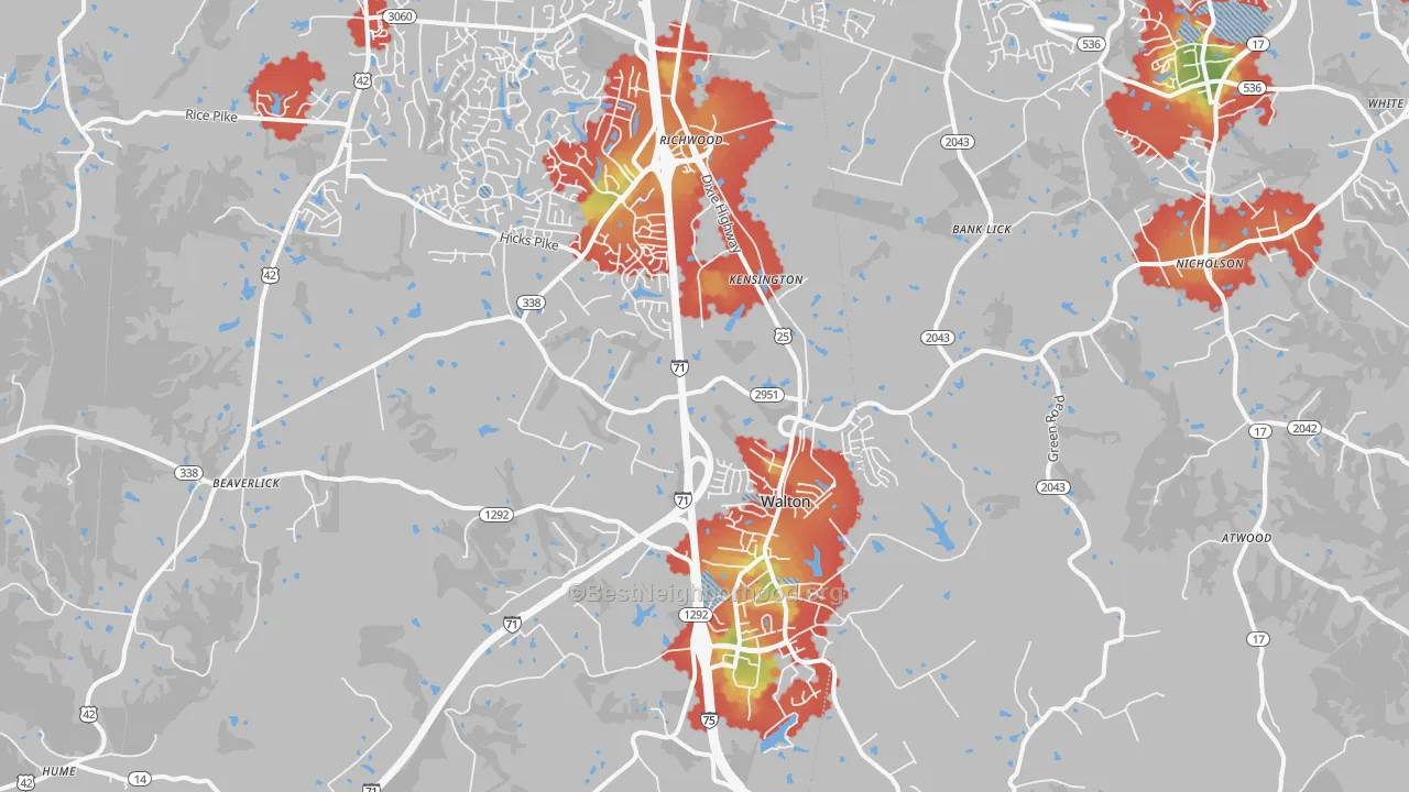 Walk Grade map of 41094, KY, walkable areas in green and car-dependent areas in red
