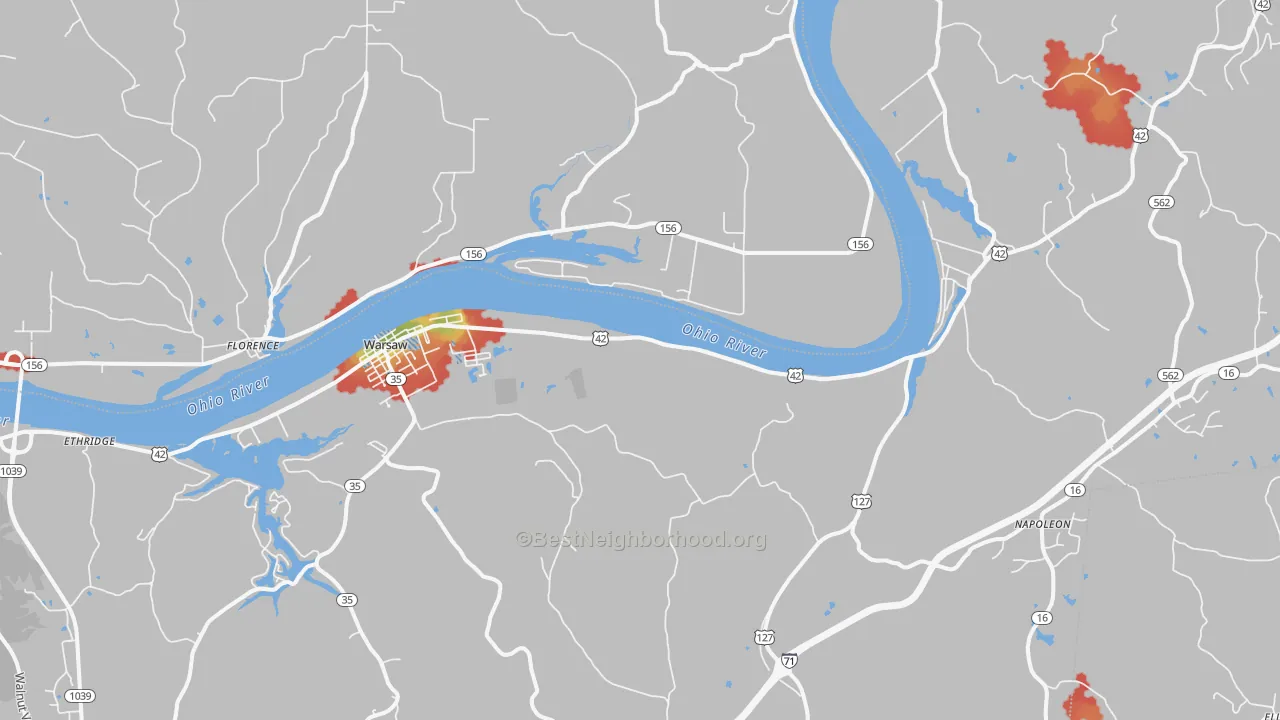Walk Grade map of 41095, KY, walkable areas in green and car-dependent areas in red