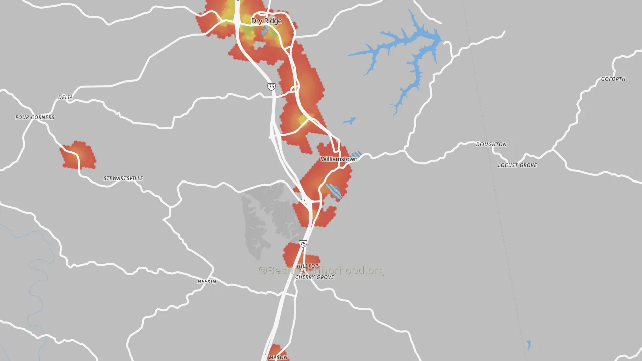 Walk Grade map of 41097, KY, walkable areas in green and car-dependent areas in red