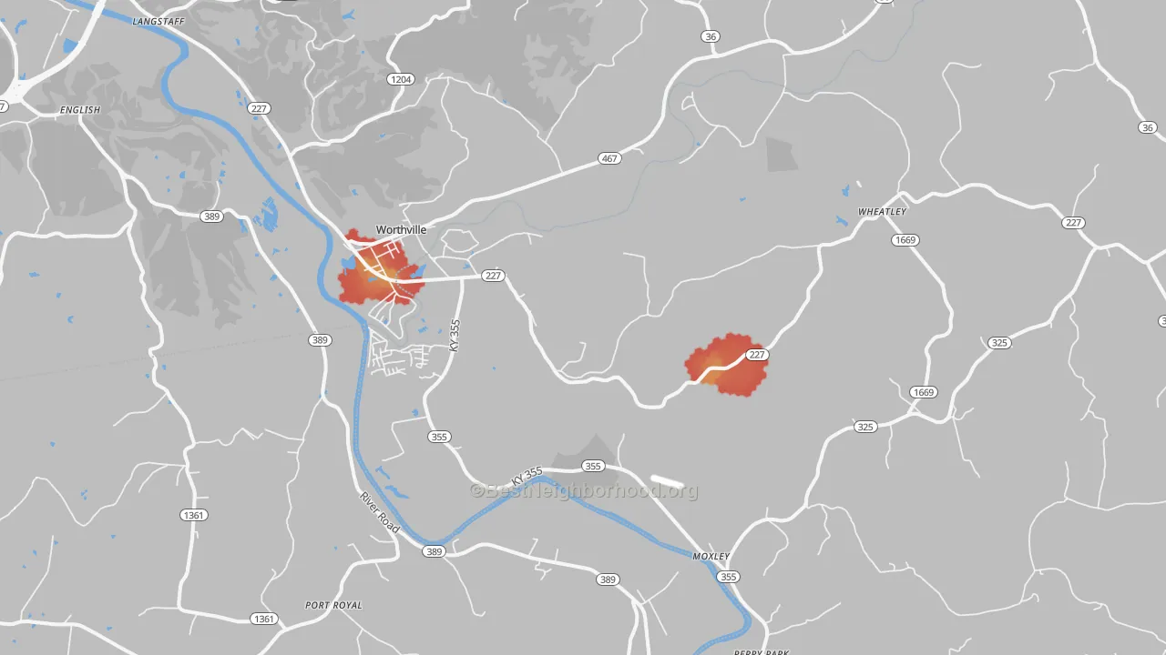Walk Grade map of 41098, KY, walkable areas in green and car-dependent areas in red