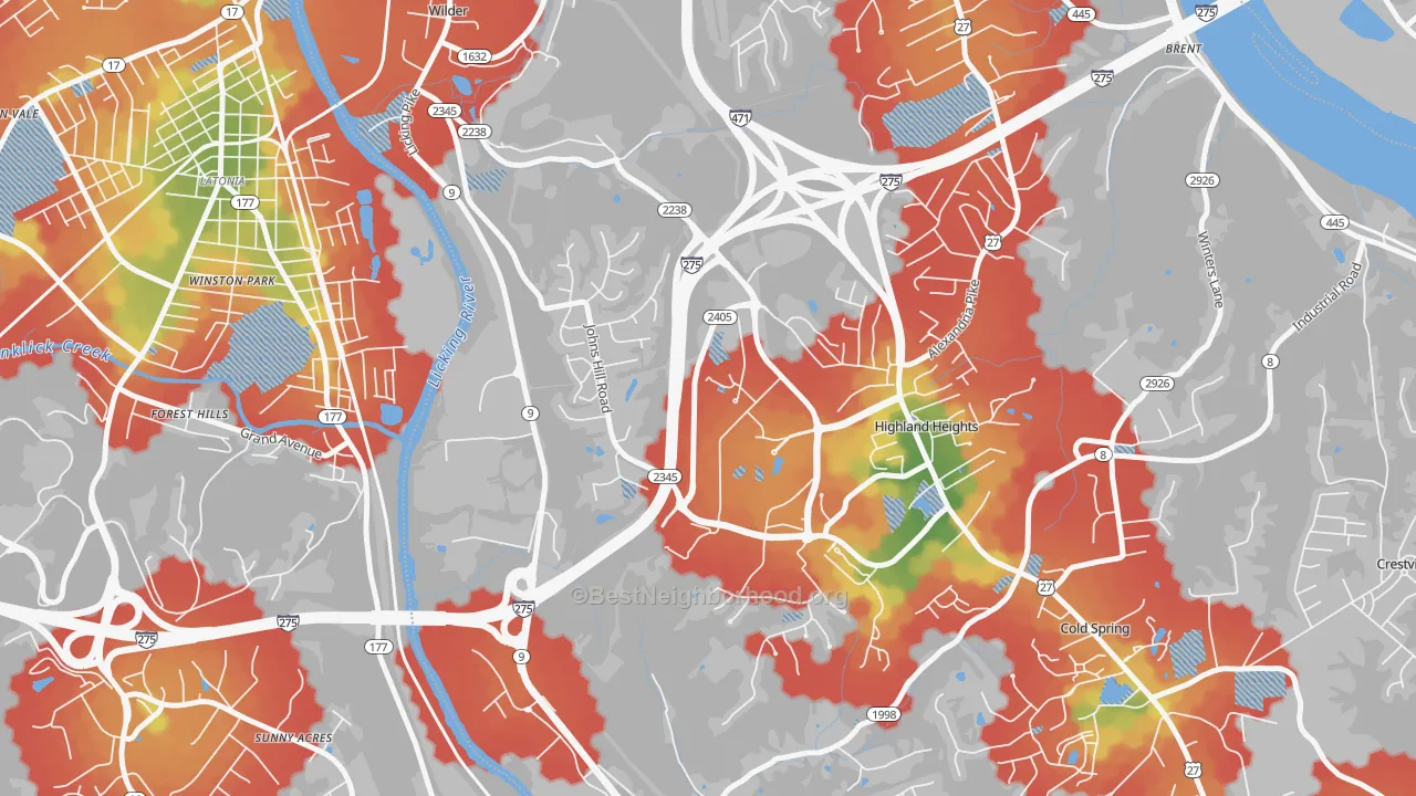 Walk Grade map of 41099, KY, walkable areas in green and car-dependent areas in red