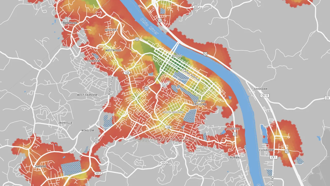 Walk Grade map of 41101, KY, walkable areas in green and car-dependent areas in red