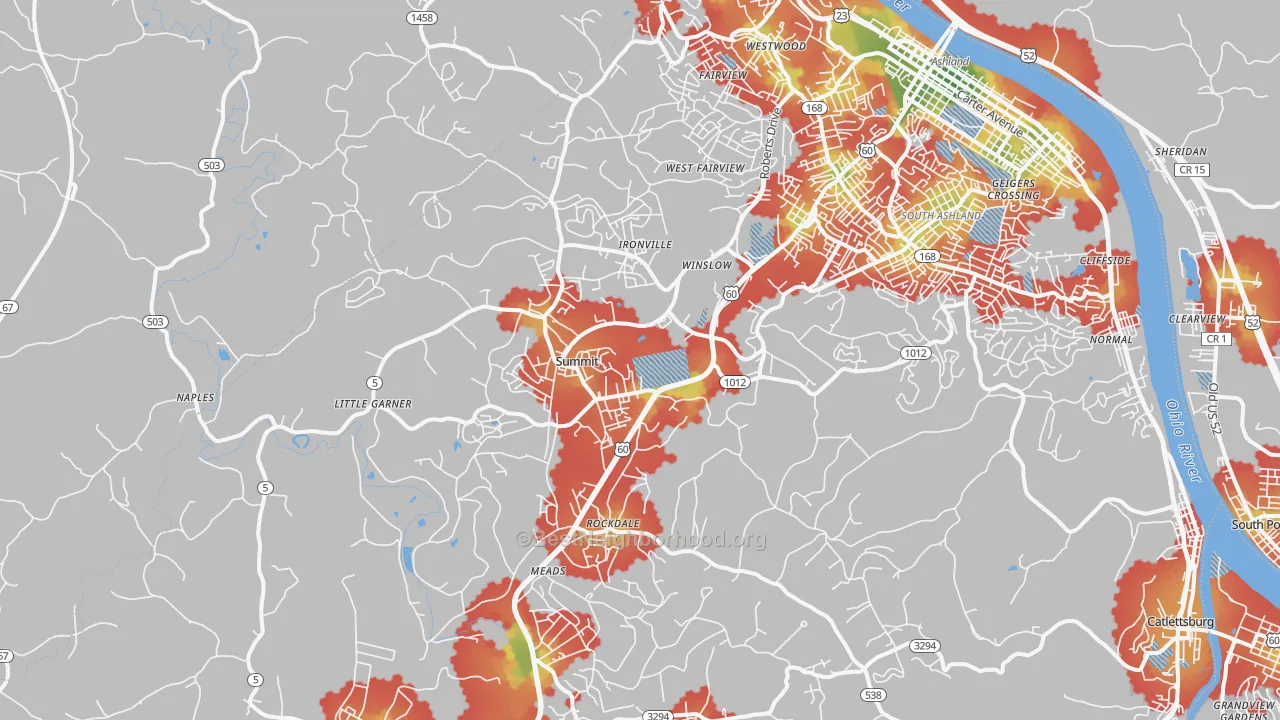 Walk Grade map of 41102, KY, walkable areas in green and car-dependent areas in red