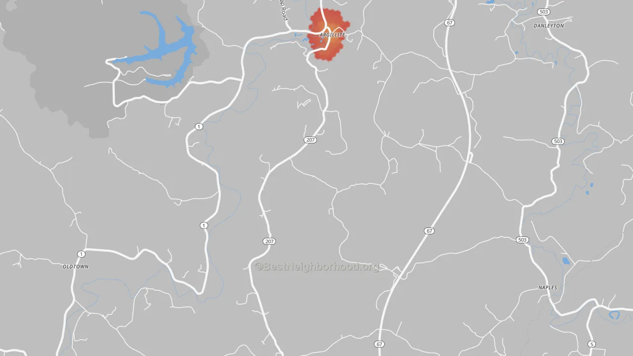 Walk Grade map of 41121, KY, walkable areas in green and car-dependent areas in red