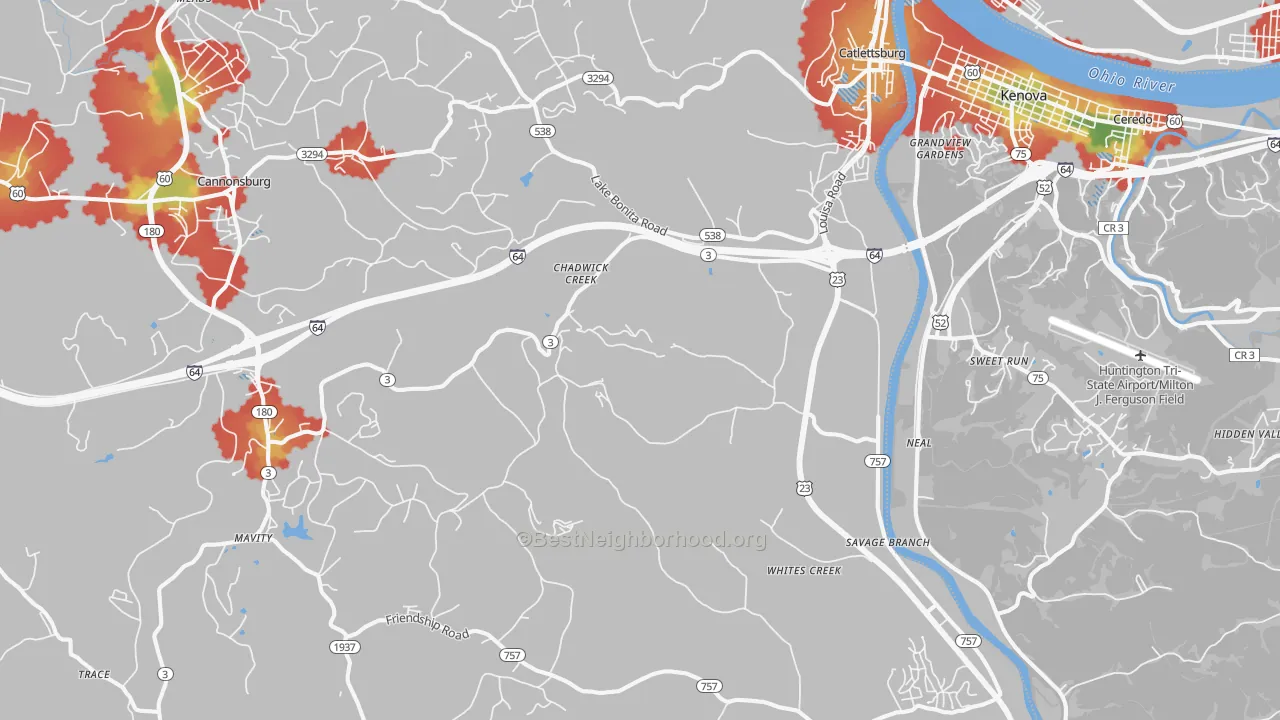 Walk Grade map of 41129, KY, walkable areas in green and car-dependent areas in red