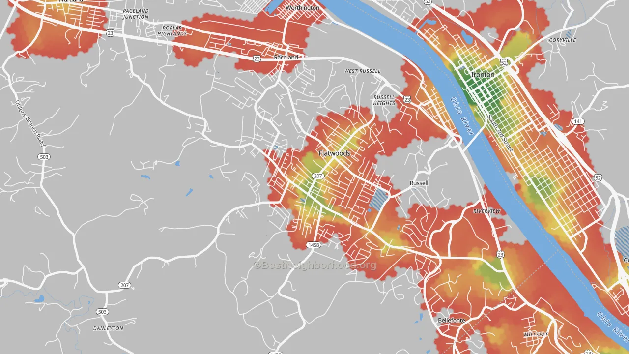 Walk Grade map of 41139, KY, walkable areas in green and car-dependent areas in red