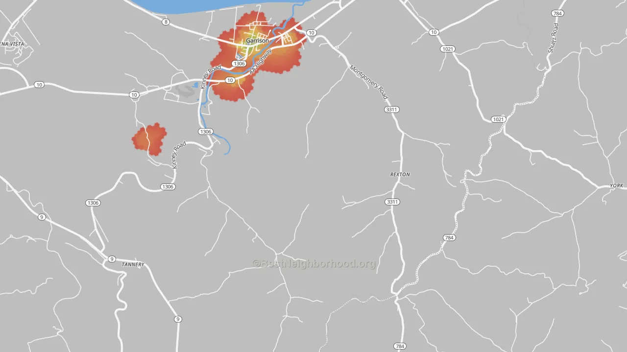Walk Grade map of 41141, KY, walkable areas in green and car-dependent areas in red
