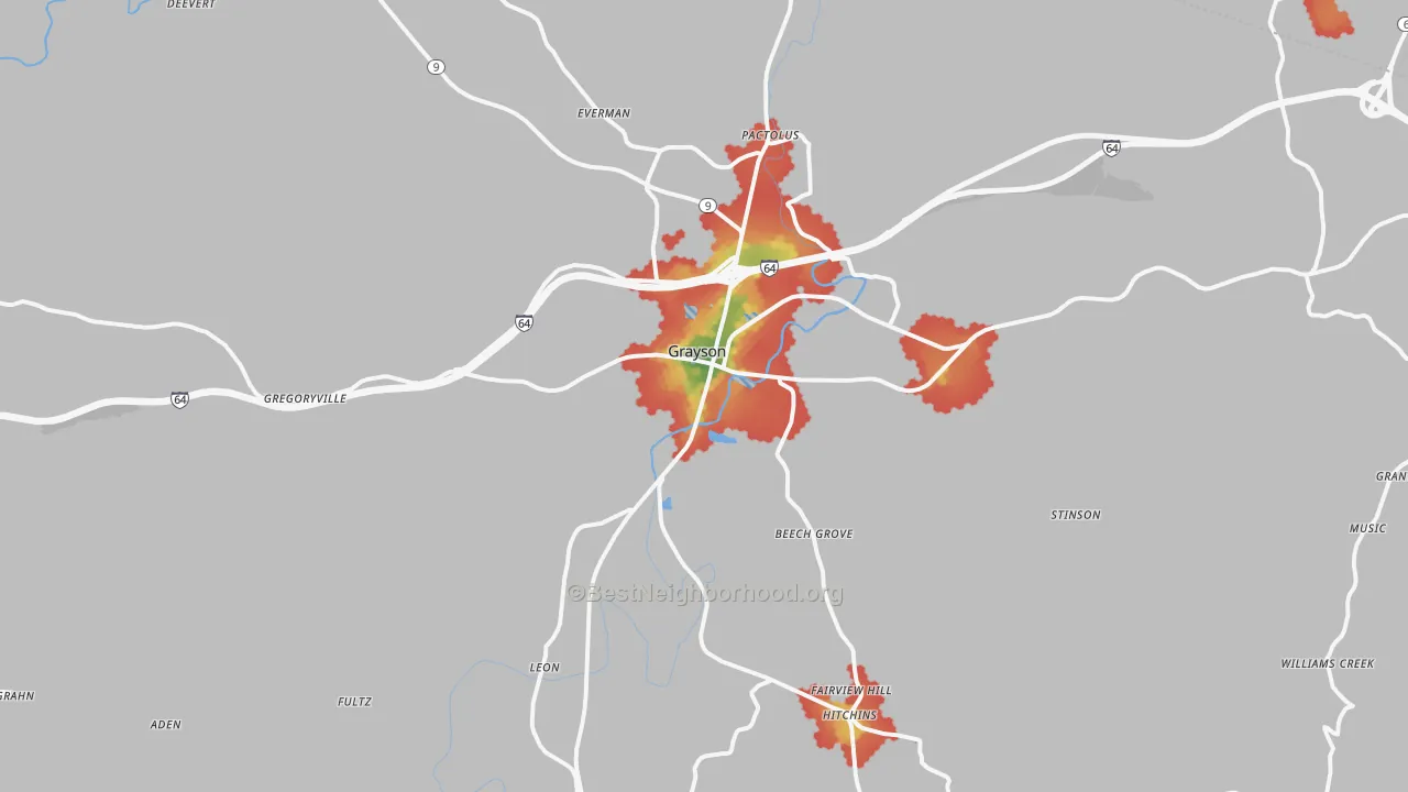 Walk Grade map of 41143, KY, walkable areas in green and car-dependent areas in red