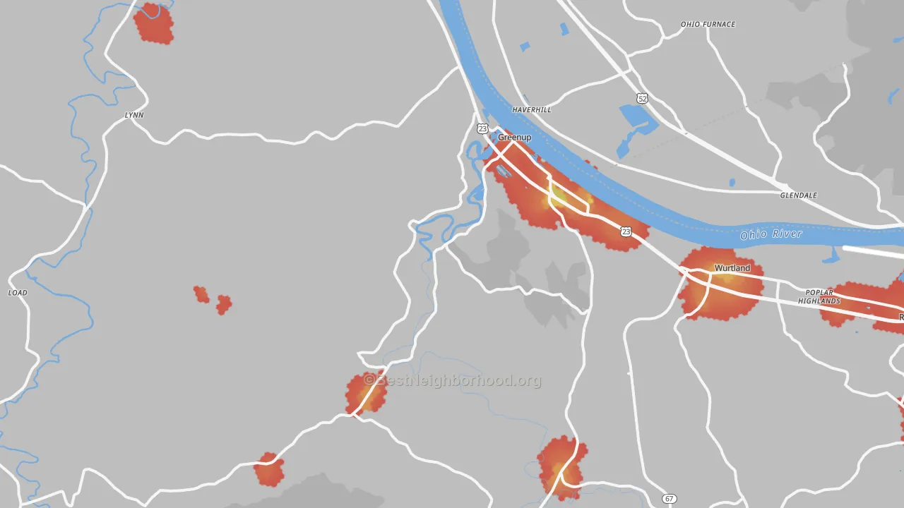 Walk Grade map of 41144, KY, walkable areas in green and car-dependent areas in red