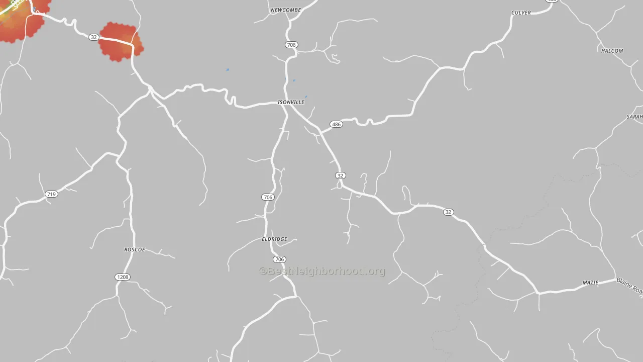 Walk Grade map of 41149, KY, walkable areas in green and car-dependent areas in red