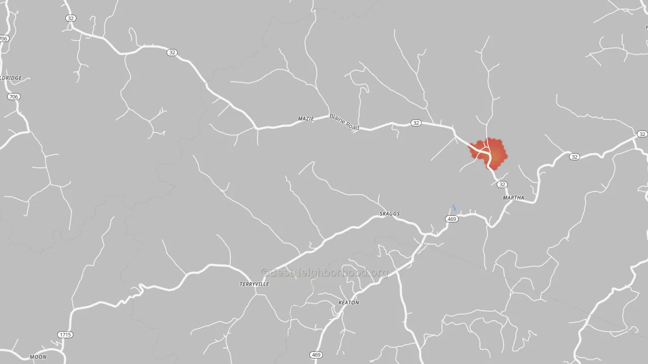 Walk Grade map of 41159, KY, walkable areas in green and car-dependent areas in red