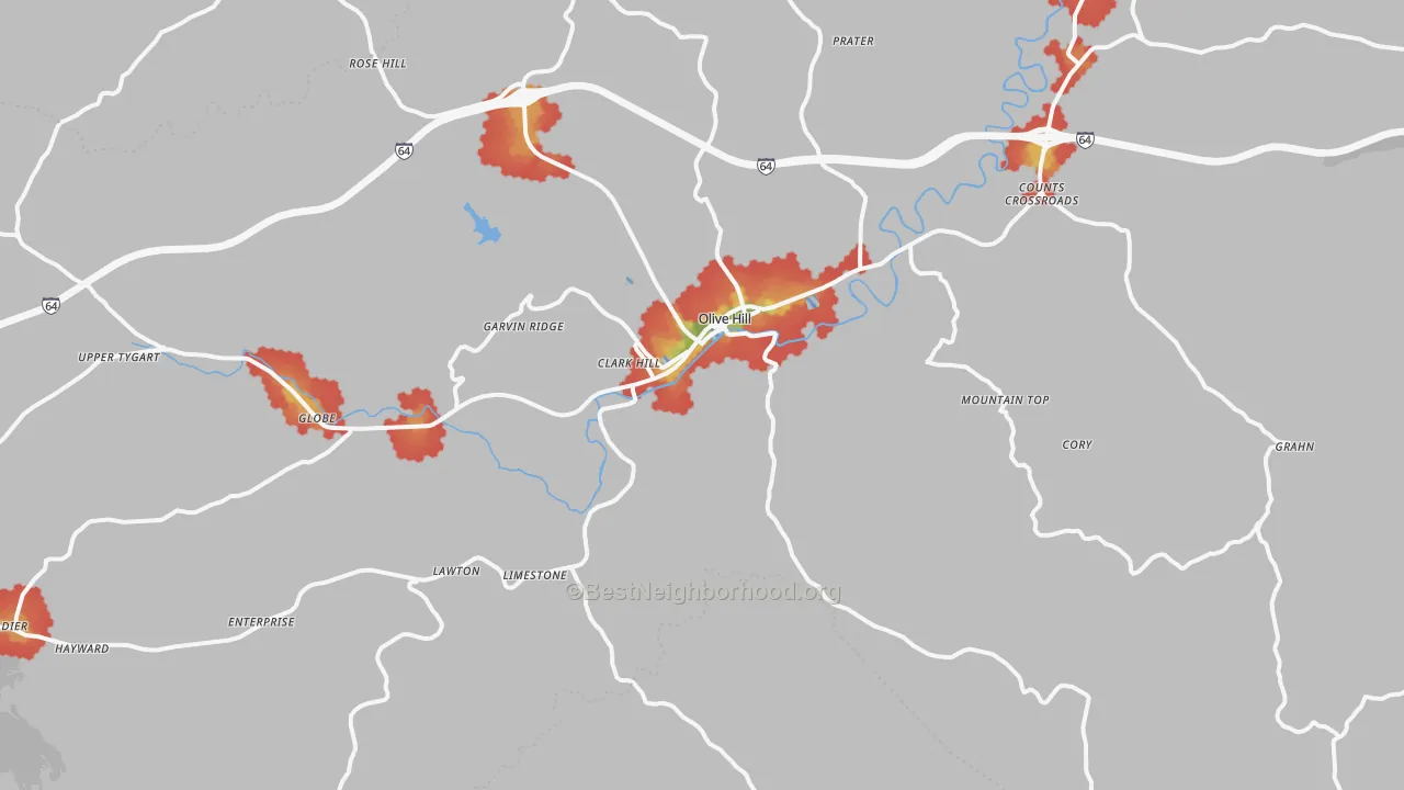 Walk Grade map of 41164, KY, walkable areas in green and car-dependent areas in red