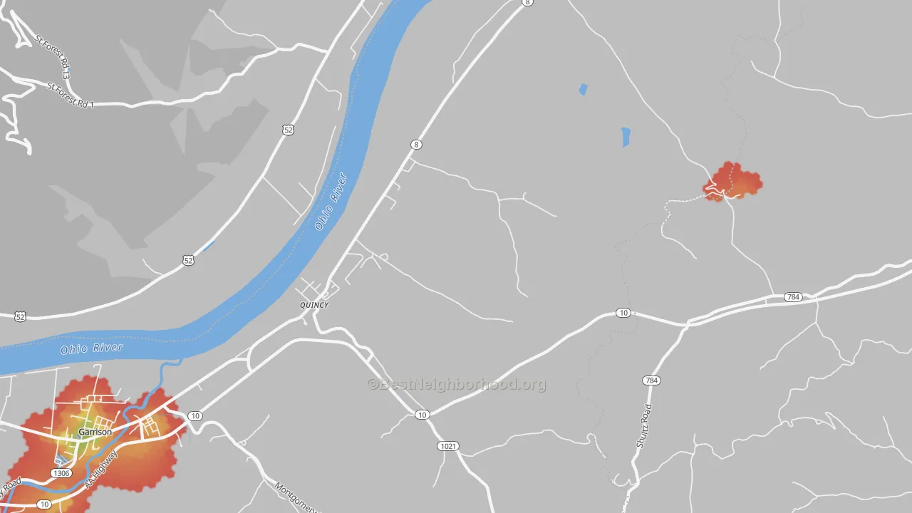 Walk Grade map of 41166, KY, walkable areas in green and car-dependent areas in red