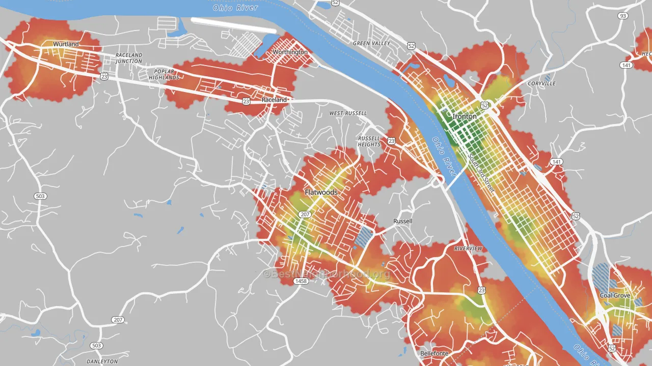 Walk Grade map of 41169, KY, walkable areas in green and car-dependent areas in red