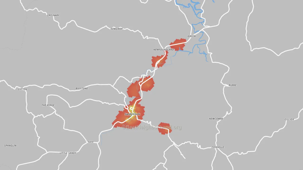 Walk Grade map of 41171, KY, walkable areas in green and car-dependent areas in red