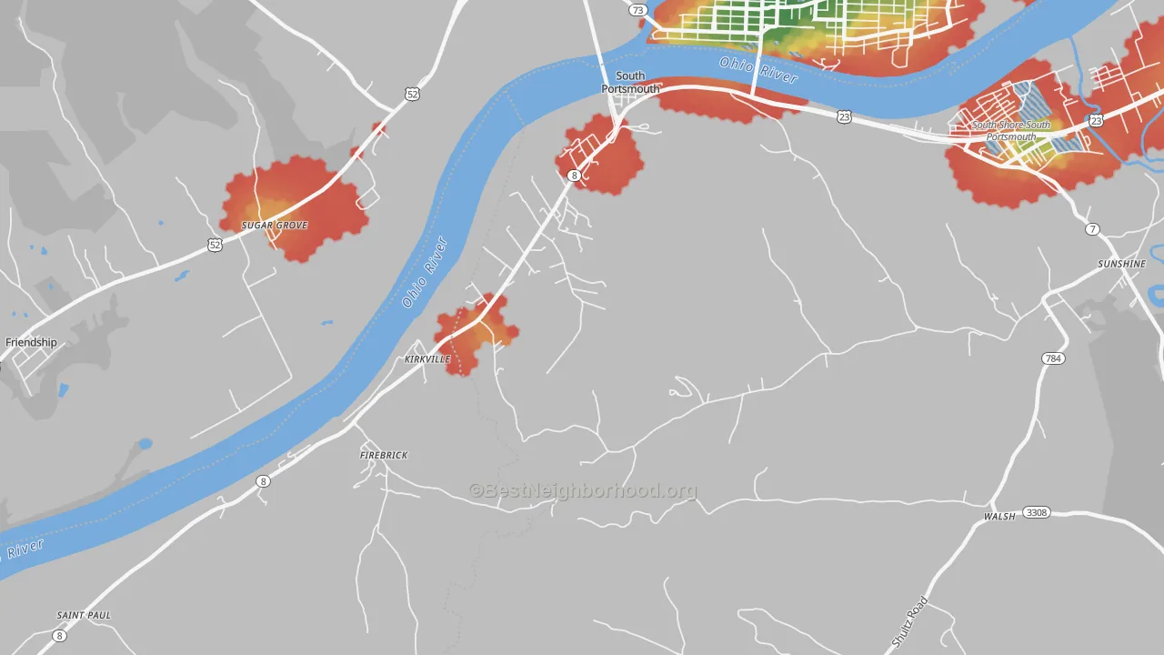Walk Grade map of 41174, KY, walkable areas in green and car-dependent areas in red