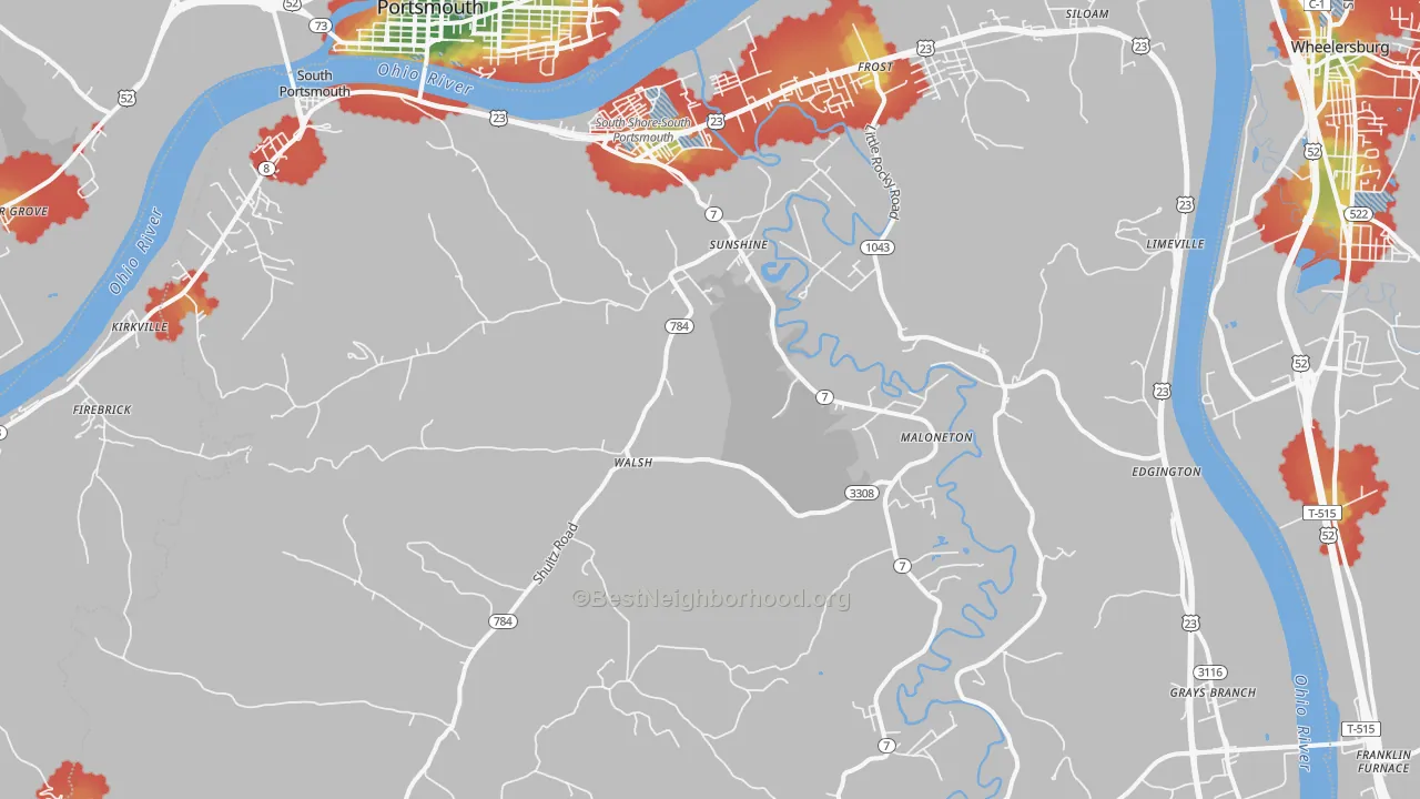 Walk Grade map of 41175, KY, walkable areas in green and car-dependent areas in red