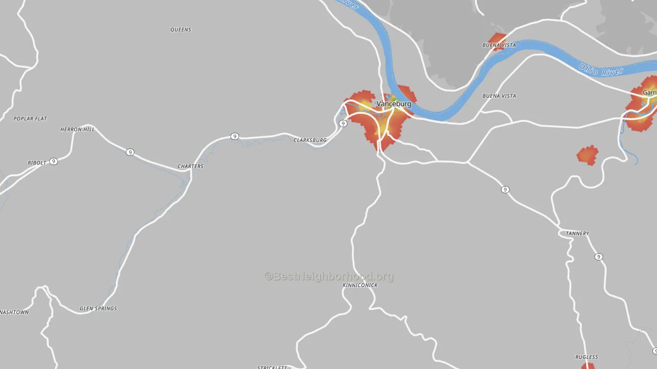 Walk Grade map of 41179, KY, walkable areas in green and car-dependent areas in red