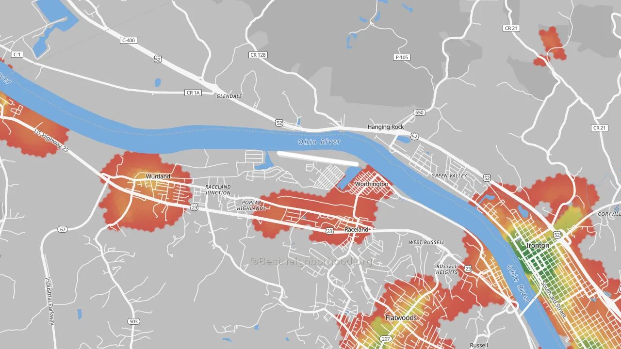 Walk Grade map of 41183, KY, walkable areas in green and car-dependent areas in red