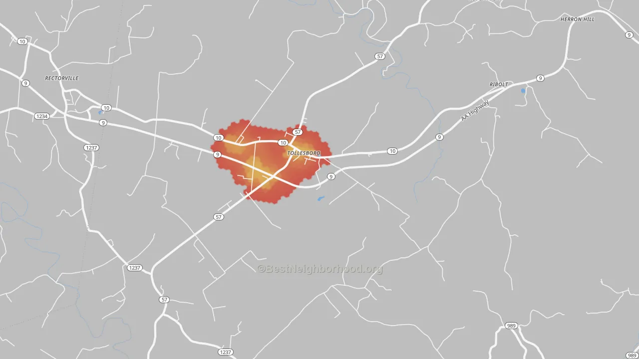 Walk Grade map of 41189, KY, walkable areas in green and car-dependent areas in red