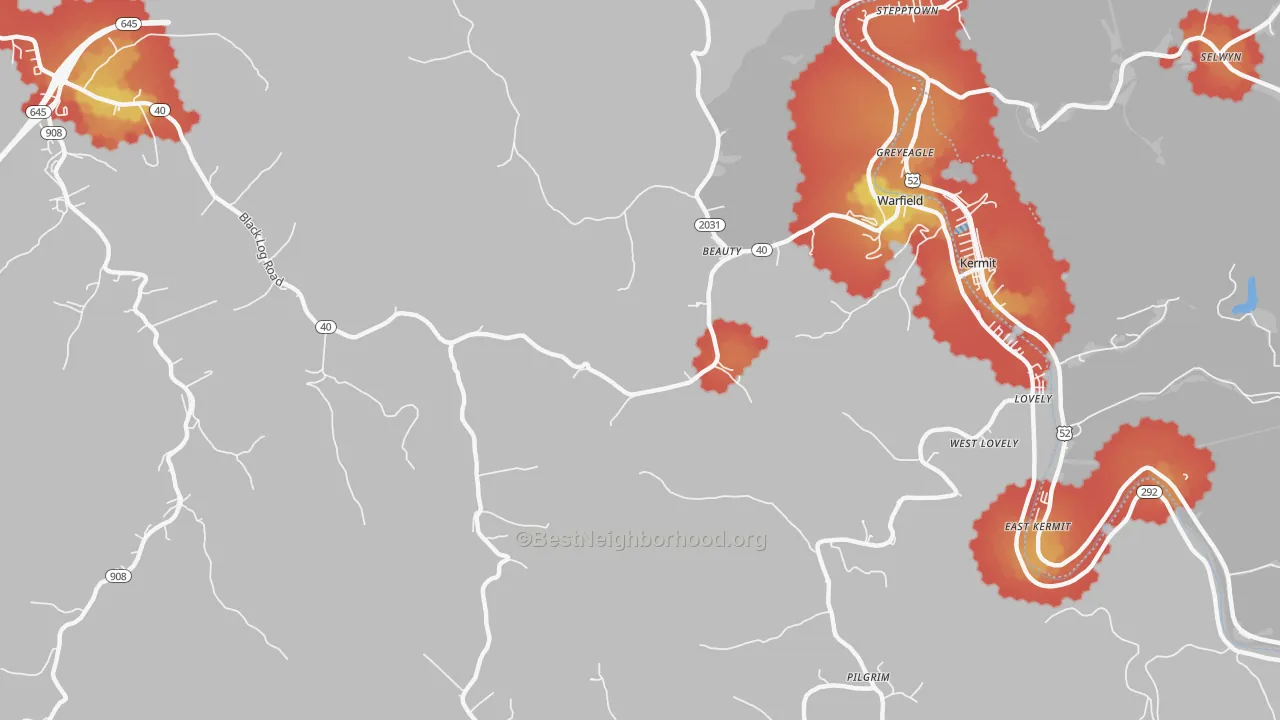 Walk Grade map of 41203, KY, walkable areas in green and car-dependent areas in red