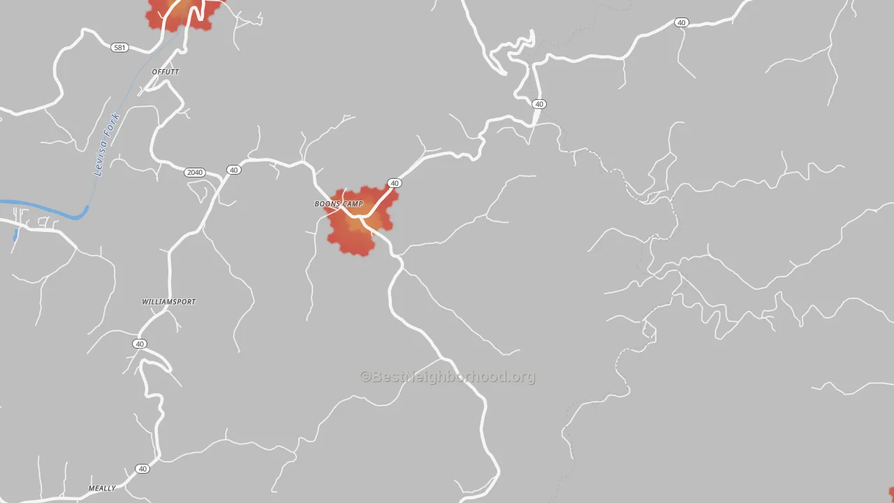 Walk Grade map of 41204, KY, walkable areas in green and car-dependent areas in red