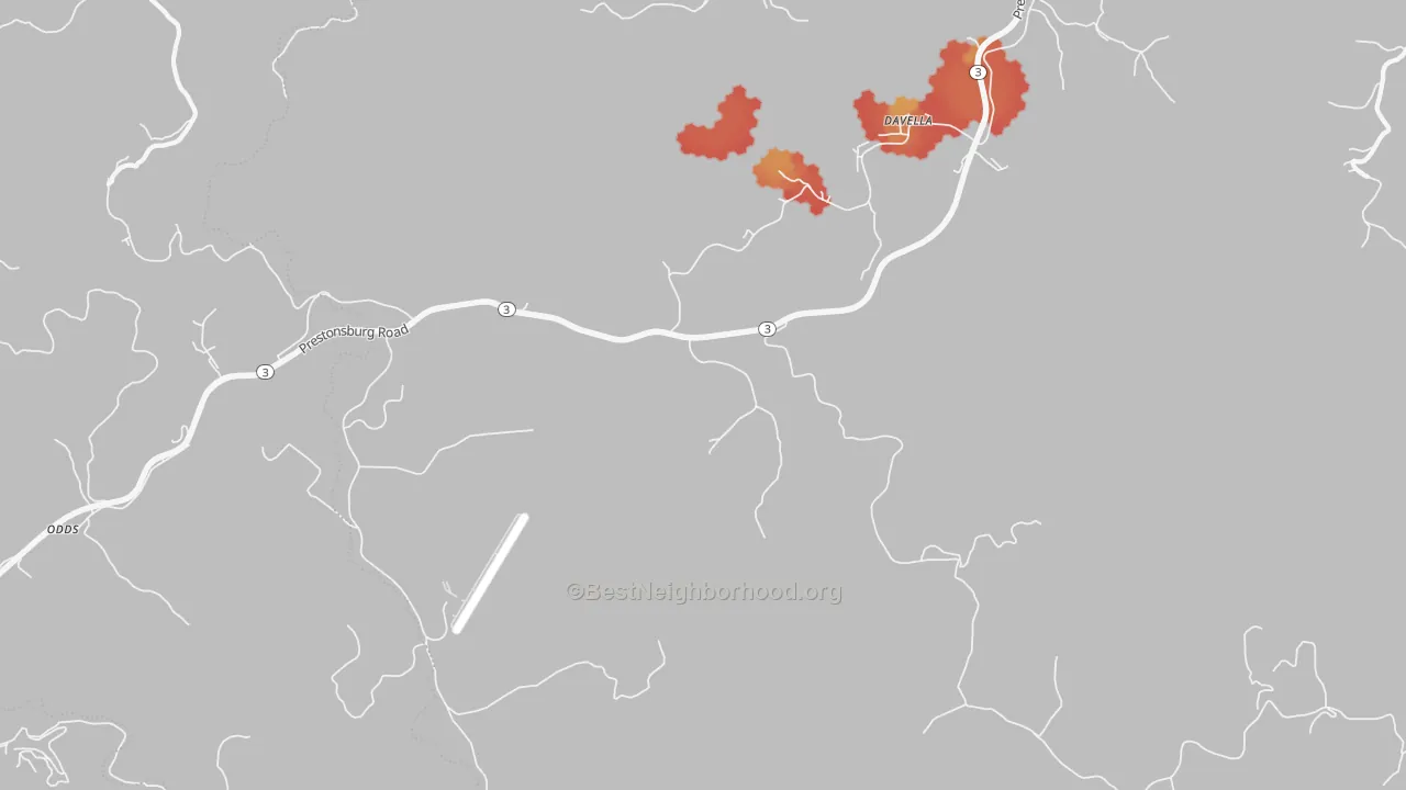 Walk Grade map of 41214, KY, walkable areas in green and car-dependent areas in red