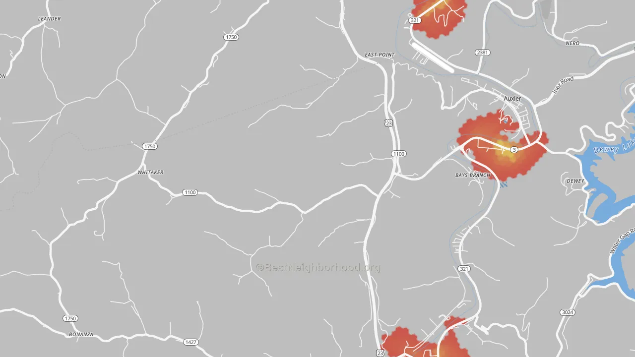 Walk Grade map of 41216, KY, walkable areas in green and car-dependent areas in red