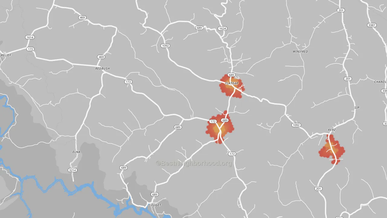 Walk Grade map of 41219, KY, walkable areas in green and car-dependent areas in red