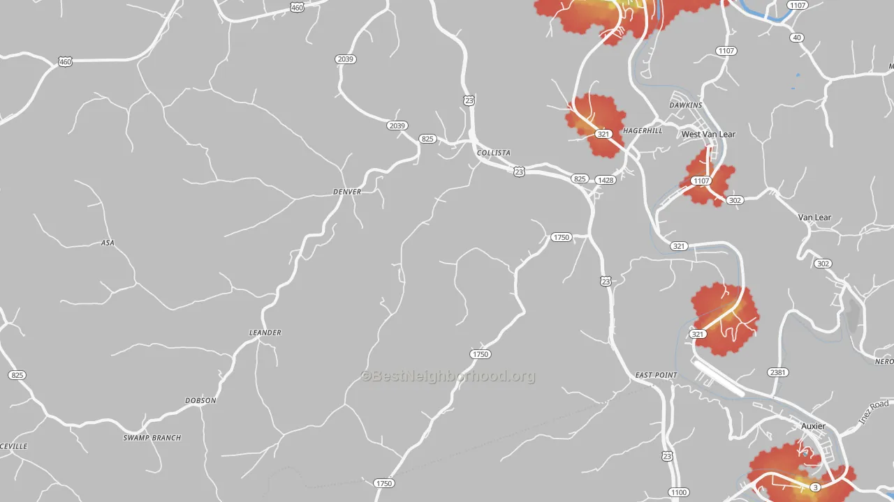 Walk Grade map of 41222, KY, walkable areas in green and car-dependent areas in red