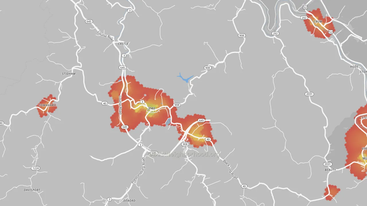 Walk Grade map of 41224, KY, walkable areas in green and car-dependent areas in red
