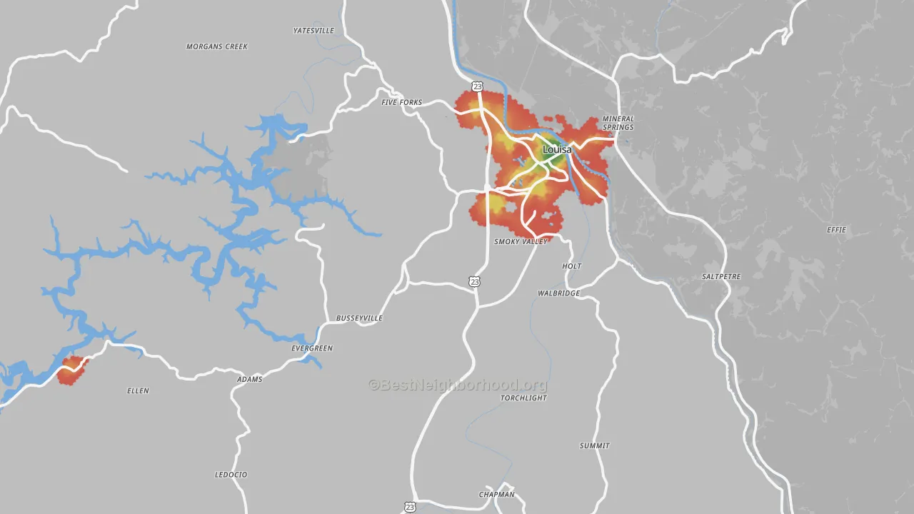 Walk Grade map of 41230, KY, walkable areas in green and car-dependent areas in red