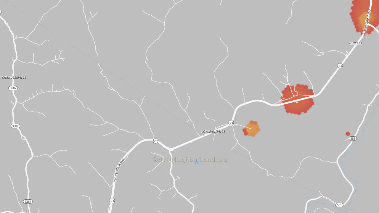 Walk Grade map of 41232, KY, walkable areas in green and car-dependent areas in red