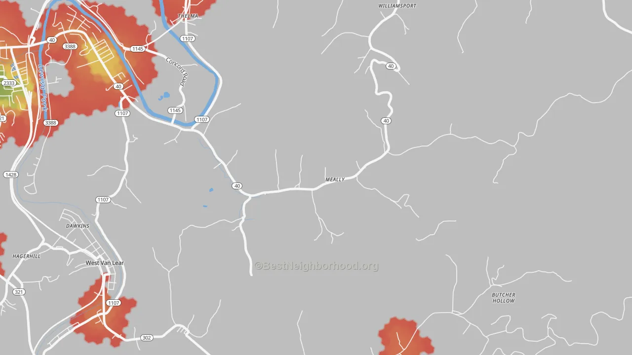 Walk Grade map of 41234, KY, walkable areas in green and car-dependent areas in red