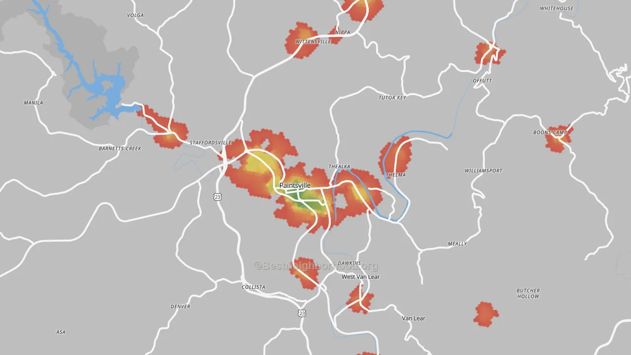 Walk Grade map of 41240, KY, walkable areas in green and car-dependent areas in red