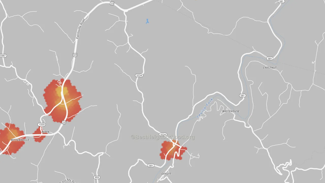 Walk Grade map of 41254, KY, walkable areas in green and car-dependent areas in red